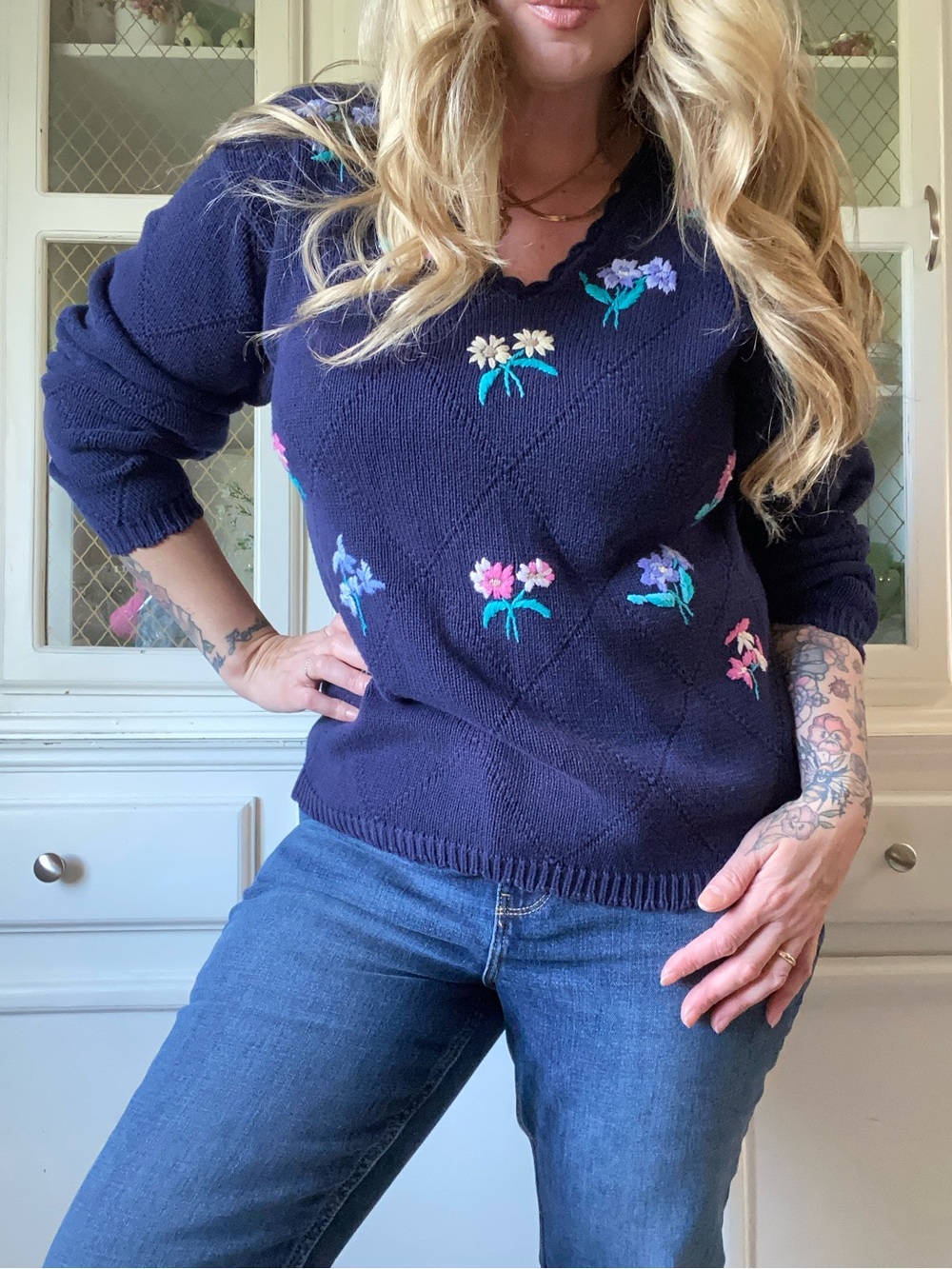 NR Argyle Embroidered Cottagecore Knit VNeck Floral Crochet Navy Blue